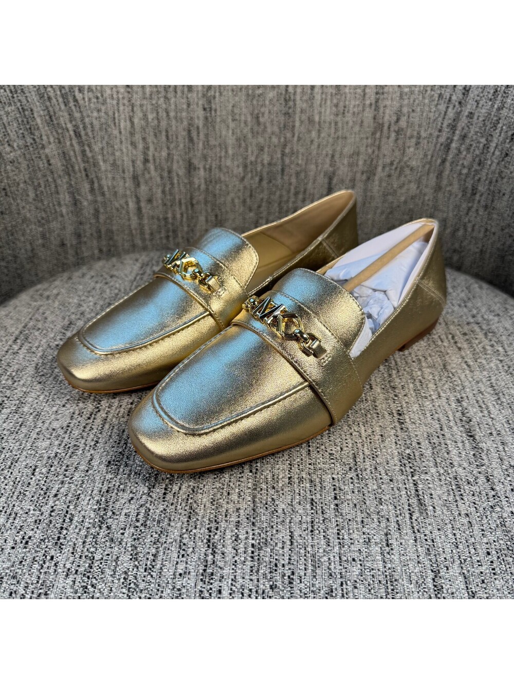 Michael Kors Gold Metallic Leather Slip-On Loafers Chain Logo NEW Size 8M